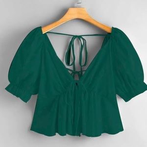 ST PADDY’S DAY FINEST FINERY ! Tied Backless Puff Sleeve Knotted Peplum ToP NWT!